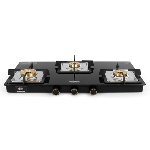 Tower Gas Stove 3 Burner 8mm Toughened Glass Brass Valves Lpg Black