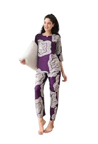Ichaa Women’s Rayon Printed Round-Neck Night Suit Set with Pocket