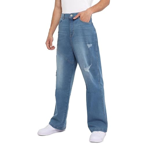 Campus Sutra Men’s Light Blue Asymmetrical Stitch Denim Jeans for Everyday Wear | Light-Wash | Button Closure | Regular Fit | Denim Jeans Crafted with Comfort Fit for Everyday Wear (36)