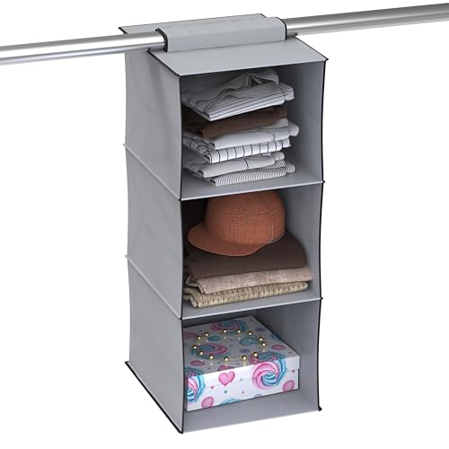 MY ARMOR Hanging Shelf Cloth Storage Organizer, Universal Fit Hanging Closet Organizer for Wardrobe, 10 x 12 x 35 Inches (Grey, 3 Tier Shelf, Pack of 1)