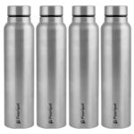 PEARLPET F10 Single Wall Stainless Steel Water Bottle,1L, Silver, Pack of 4 (Matt Finish)
