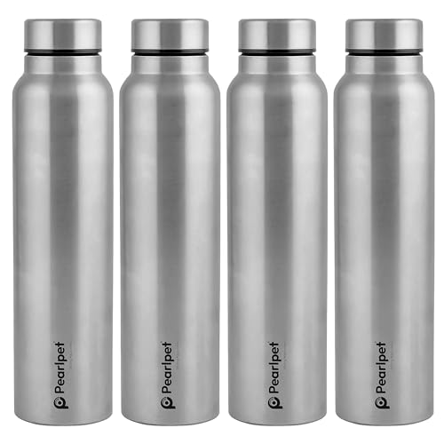 PEARLPET F10 Single Wall Stainless Steel Water Bottle,1L, Silver, Pack of 4 (Matt Finish)