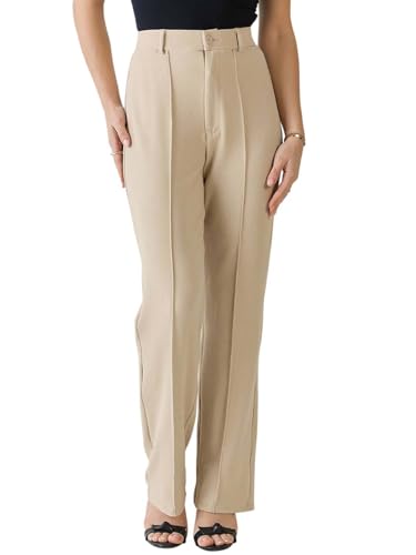 KOTTY Womens Solid Polyester Blend Best Beige Straight fit Trousers (Beige,26)
