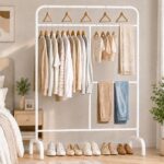Lukzer Multi-Purpose Metal Garment Stand with Multi-Level Hanging Bars | Coat Hanger, Wardrobe Organizer, Durable Metal Clothes Stand for Home and Bedroom Storage | MGS-005/White/145 x 109 x 40 cms