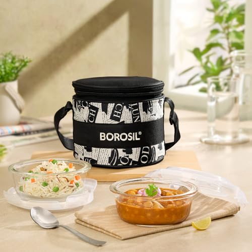 Borosil Nostalgia Borosilicate Glass Lunchbox with Bag | 2 pc Round Container Set (320 ml Each) | Microwave & Dishwasher Safe, Leakproof | Tiffin for Office, School, College | Vertical