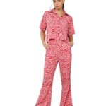 SEREIN FashFun Clothing Women’s Slim Fit Co-ord Set (Red Animal Printed Crepe Crop Shirt & Elasticated Waist Pant Set)