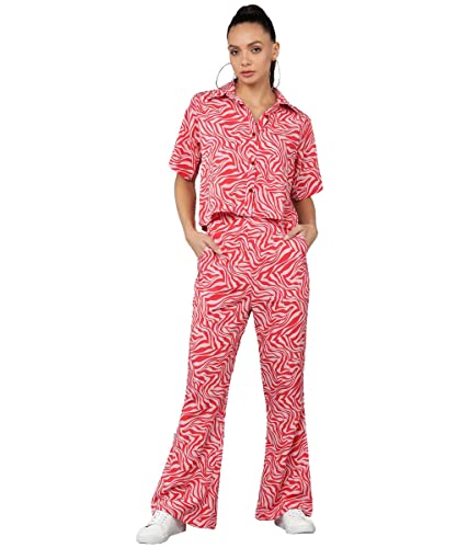 SEREIN FashFun Clothing Women’s Slim Fit Co-ord Set (Red Animal Printed Crepe Crop Shirt & Elasticated Waist Pant Set)