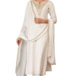 Janasya Women’s Off White Chanderi Silk Gold Zari Yoke Embroidered Straight Kurta Set(JAB25ST02849-M)