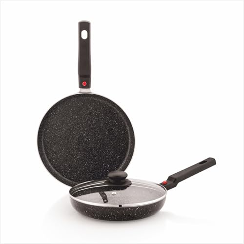 Amazon Brand – Solimo Aluminium 2 Piece Non-Stick Cookware Set with Detachable Handle | Granite Finish | Induction Base | PFOA Free | High Temperature Resistant Exterior Coating | Black