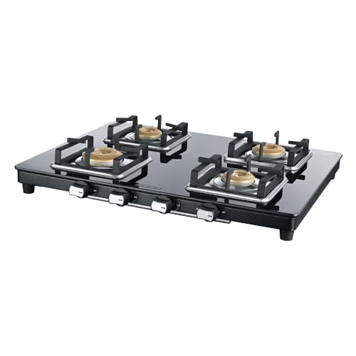 USHA Ebony Slim 4 Burner Gas Stove | 8 mm Toughened Glass | High Grade Stainless Steel Body | Brass Burners | Powder Coated Finish | Slim Design | Spacious Cooking Design