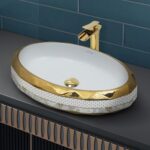 Plantex Wash Basin/Ceramic Table Top Wash Basin/Designer Countertop Basin for Bathroom/Restaurants/Hotel – Oval (White & Gold – 23 x 16 x 5 Inch)