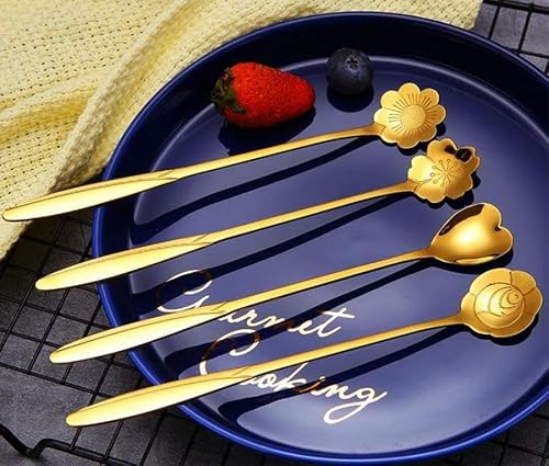 NORIQ Golden Spoon Set/Coffee Spoon/Dessert Spoons/Cutlery Kitchen Tableware/Stainless Steel Gold Different Shape Coffee Spoons, Set of 4 Pcs, 18 Cm