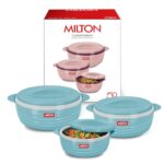 MILTON Aspire Jr. Set of 3 Serving Casserole Double Walled Inner Stainless Steel, (350ml, 720ml,1050ml), PU Insulated Kitchen Hot Pot, Keeps Food hot & Fresh for Roti, Biryani, Blue