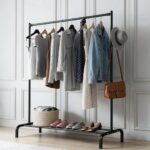 HOUZA Heavy-Duty Garment Stand Cloth Rack with Bottom Storage Shelf & 4 Side Hooks | Freestanding Clothes Hanging Stand, Rack for Clothes Storage & Cloth Rack for Bedroom & Entryway (Black)