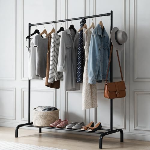 HOUZA Heavy-Duty Garment Stand Cloth Rack with Bottom Storage Shelf & 4 Side Hooks | Freestanding Clothes Hanging Stand, Rack for Clothes Storage & Cloth Rack for Bedroom & Entryway (Black)