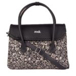 ZOUK Flomotif Floral Printed Jute Handcrafted Vegan Leather Black Women’s Satchel Bag | Ladies Purse Handbag | Double Handle Detachable Strap