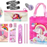 12pcs unicorn theme stationeries for girls unicorn pencil pouch diary, pencil, paper soap, hair clips, rubber band, scale eraser rakhi gift navratri gfit for girls unicorns party favors in bulk