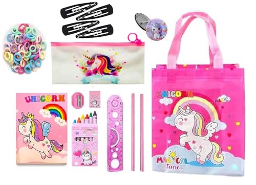12pcs unicorn theme stationeries for girls unicorn pencil pouch diary, pencil, paper soap, hair clips, rubber band, scale eraser rakhi gift navratri gfit for girls unicorns party favors in bulk