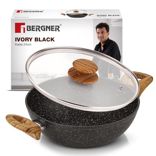 Bergner Ivory Black Granite Non-Stick 24cm (2.5L) Kadai with Glass Lid, 3-Layer Marble Healthy Non-Stick Coating, Forged Aluminium, Soft Touch Handles, PFOA Free, Induction and Gas Stove Ready – Black