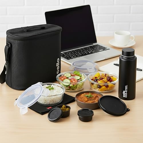 CELLO MF Glassy Pro Lunch Box with Jacket For Office, Black | 3 x 400ml Glass Containers, 1 x 225ml, 2 x 50ml Mini Containers & Bottle 700ml, Microwave Safe Airtight Leakproof Tiffin Box For Daily Use