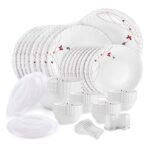 Cello Opalware Dazzle Series Lush Fiesta Dinner Set, 49Pcs | Opal Glass Dinner Set for 8 | Light-Weight, Daily Use Crockery Set for Dining | White Plate and Bowl Set