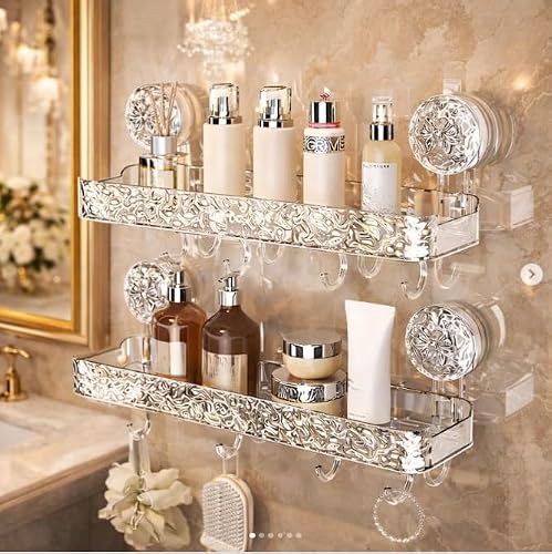 ELMVIA Suction Cup Bathroom Shelf with Hooks, 36cm Wall Mounted Storage Rack for Shampoo, Soap & Cosmetics, Transparent Luxury Organizer for Bathroom, Kitchen & Wash Basin ((2 Pack))