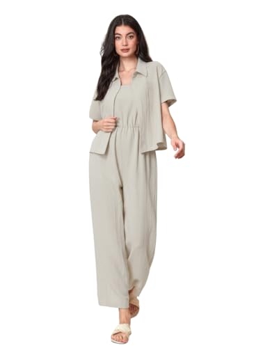 TOPLOT Women’s Jumpsuit Co-ord Set | Soft Breathable Feel | Comfortable Fit with Easy Movement | Stylish One-Piece Outfit Design | Perfect for Casual & Travel (Jump-Suit-5225-Cream-M)