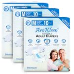 Arokleen (ISI CERTIFIED) Adult Diapers Tape Style | Medium (M) Size, 30 Count, Waist Size (72-102cm | 28″- 40″ inches), Unisex, High Absorbency, Leak Proof, Overnight Protection, Odour lock, Anti-Bacterial Absorbent Core-Pack of 3