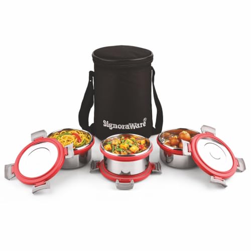 Signoraware Meal Mate Steel Small Lunch Box+Bag (350mlx3, Red)