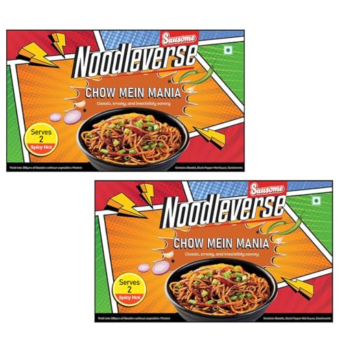 Sausome Noodleverse Chow Mein Mania – DIY Gourmet Noodle Kit with Sauce & Spices | Desi Street-Style Smoky, Saucy & Addictive Flavour | Vegetarian | 2 Servings | 370g Each | Pack of 2