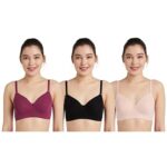 Amazon Brand – Symbol Women’s Cotton Stretch Padded Wire Free Medium Coverage T-Shirt Bra (Pack of 3) (BRA-13 Cont_Blck-Blush-Wine_32B)