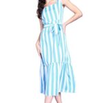 POPWINGS Women Casual Sky Blue & White Stripe Long Belt Dress Dress | Stylish Dress | Trendy Dress