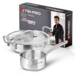 TriPro Triply Stainless Steel 3 Pcs Cookware Set – 24cm (3L) Indian Wok/Kadai with Lid and 16cm (1.7L) Teapan, Event Heating, Consumes Less Oil, Healthy Cooking – Induction and Gas Stove Ready