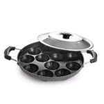 CELLO Aluminium Nonstick 12 Cavity Appam Patra Pan Maker with Steel Lid, Black | 2 Side Riveted Handle, Gas Stove Compatible Die-Cast Mini Uttappa Paniyarakkal Cup Cake Frying Pan Kadhai for Kitchen