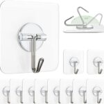DEPOFF Pack of 10 Self Adhesive Wall Hooks Heavy Duty Transparent, No Drill Waterproof Sticky Hooks for Bathroom Kitchen, Strong Stainless Steel Wall Hangers for Towels, Keys