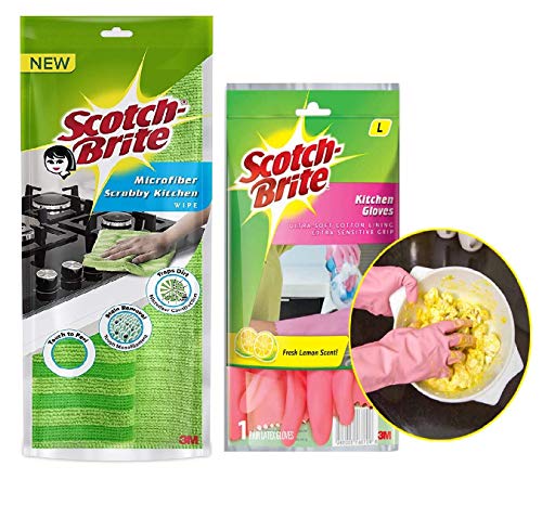 Scotch-Brite Microfiber Scrubby Kitchen Wipe, 36x30cm and Kitchen Gloves Large (Multicolour, H18-6037)