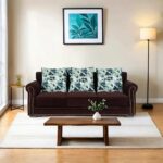 Peachtree Alton 3 Seater Sofa with Velvet Printed 3 Pillows for Living Room, Mango Wooden Frame & Iron Leg| Malfino Fabric Sofa for Dining Room, Hall, 3 Year Warranty | Padded Armstyle (Dark Brown)