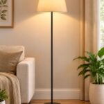 natureCRAFTS Black Floor Lamp with Fabric Jute Shade, 132 cm | Matte Finish Metal Pole, Easy Assembly, Compact Storage, Stable Round Base, Modern Standing Design