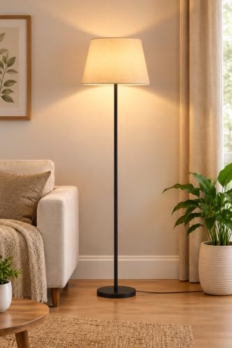 natureCRAFTS Black Floor Lamp with Fabric Jute Shade, 132 cm | Matte Finish Metal Pole, Easy Assembly, Compact Storage, Stable Round Base, Modern Standing Design