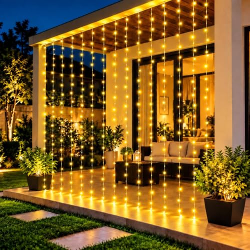 Desidiya 200 LED Waterfall Curtain String Lights 3x2m Warm White | 8 Lighting Modes, Adjustable Brightness, Memory Function, 10 Hanging Strands, Indoor & Outdoor Use