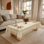 Cotton Net Embroidered Center & Dining Table Cover for 4 Seater | Rectangular 40X60 Inch | Lightweight & Washable Table Cloth | Pack of 1 (Cream)