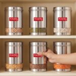 HAZEL Stainless Steel Kitchen Container | 1200 ml Each Transparent Kitchen Container Set with Glossy Finish | Multipurpose Airtight Container for Kitchen Storage organizer, Set of 6