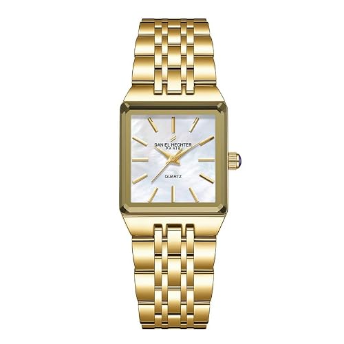 Daniel Hechter Paris Clara Collection Analog Quartz Watch for Women with Square Mother of Pearl White Dial, Metal Case, Gold Stainless Steel Strap and Water Resistant – DHW2027-55