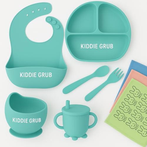 KIDDIE GRUB 7 Pcs Baby Feeding Set with Napkin BPA Free Baby Dinner Set, Silicone Feeding Set for Baby 6+ Months, Baby Weaning Set, Baby Suction Plate and Spoon Cutlery Set, Silicone bib and Bowl