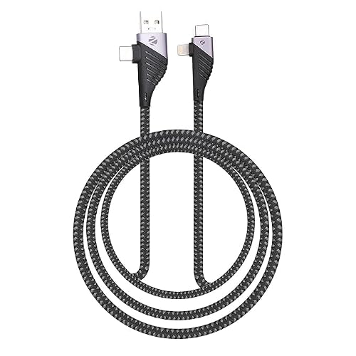 Zebronics UCLC65B 65 Watts PD Fast charging 4 in 1 cable with USB/Type C to Type C/Lightning connector, 1 meter braided cable for smartphones tablets and Laptops