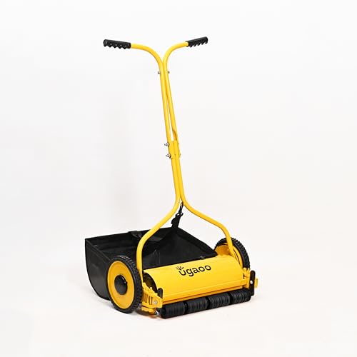 UGAOO Push Manual Lawn Mower with Grass Catcher | 16-Inch Push Reel Mower with 0.5 to 1.5 Inch Height Adjustable | Classic Grass Cutter Machine for Home Garden and Yard (Yellow)