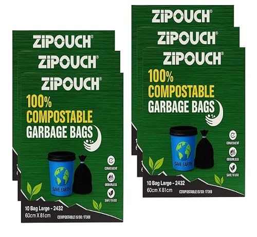 Zipouch Compostable Garbage Bag Large Size – Pack of 6, Eco-Friendly Dustbin Bags Large Size for Home and Office, Durable and Biodegradable Garbage Bag Solution | 60 Count|