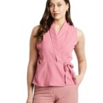 Symbol Premium Women’s Solid Sleeveless Wrap Top (Regular Fit | Desk-to-Dinner) (Available in Plus Sizes) (SBP-SS24-WTOP-205_Pink_S)