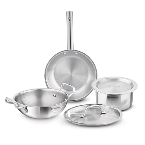 Bergner Tripro Triply Cookware Set 5 Pcs โ 22cm (2.3L) Kadai with Lid, 22cm Frypan, 16cm (1.8L) Tope with Lid, Consumes Less Oil, Healthy Cooking, Even Heat Distribution, Induction and Gas Stove Ready