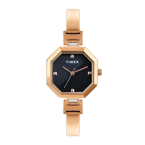 TIMEX Analog Watch for Women with Black Octagonal Dial & Rose Gold Brass Bracelet Band Water Resistant Women’s Wrist Watches – TWEL195SMU04